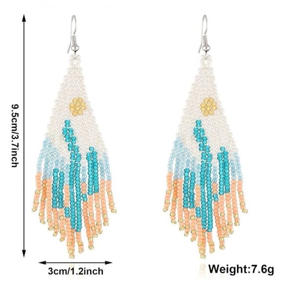 Desert Cactus Boho Seed Bead Tassel Dangling Statement French Wire Hook Earrings - Picture 3 of 6